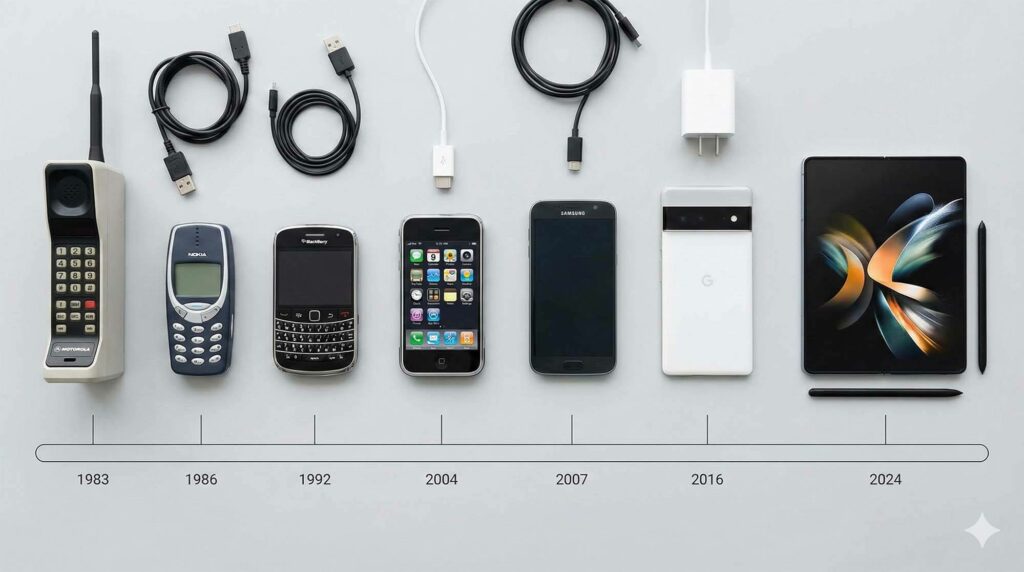 平拍視角展示不同世代的智慧型手機排列成時間軸，象徵科技演進與市場價值 / Flat lay photography of various generations of smartphones arranged in a timeline, evolving technology concept.