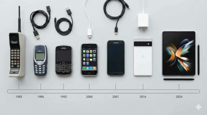 平拍視角展示不同世代的智慧型手機排列成時間軸，象徵科技演進與市場價值 / Flat lay photography of various generations of smartphones arranged in a timeline, evolving technology concept.