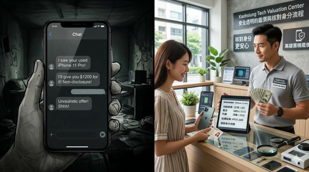 專業職人於明亮的實體門市為二手手機進行透明、公開的硬體檢測與估價